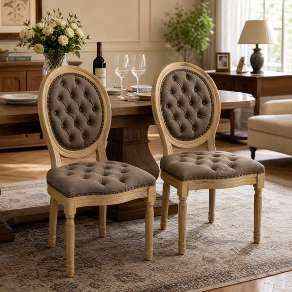 Bocarali PU Leather Upholstered Dining Chairs Set of 2 French Country Round Back Kitchen Side Chairs with Nailhead Trim and Wood Legs for Dining Room, Kitchen, Restaurant