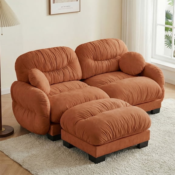Bocarali Pleated Chenille Modular Sectional Sofa, L-Shaped 2-Seater Couch with Ottoman, High-Density Foam, 2 Throw Pillows, Orange