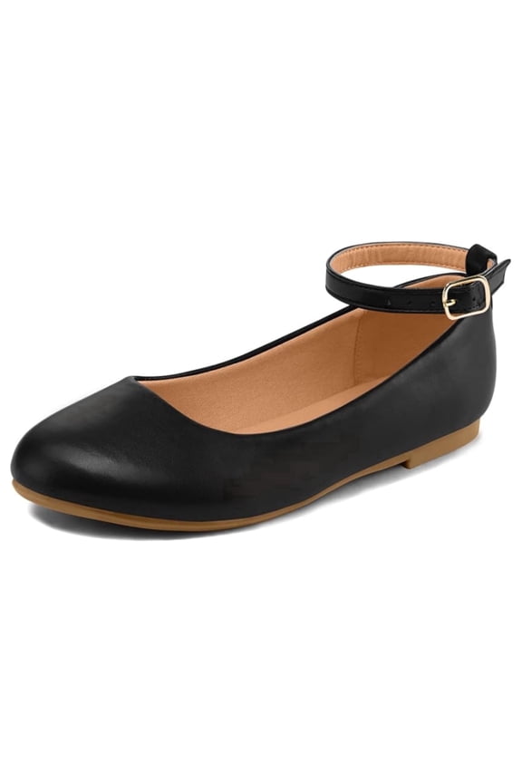 Girl's Black Pu Ballet Flat Ankle Strap Ballerina Flat Shoes Size 3