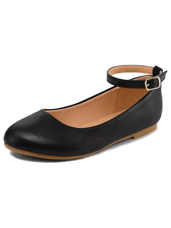 Girl's Black Pu Ballet Flat Ankle Strap Ballerina Flat Shoes Size 3