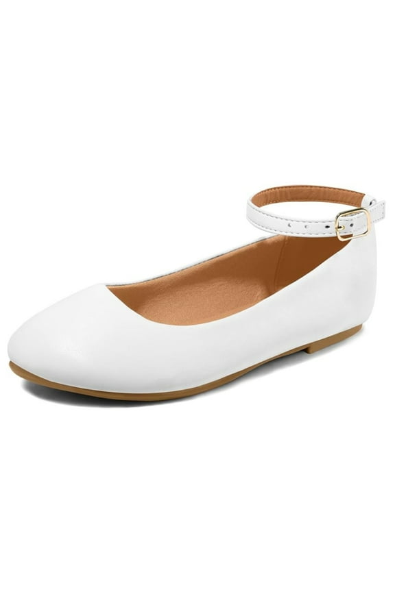 Girl's White Pu Ballet Flat Ankle Strap Ballerina Flat Shoes Size 13