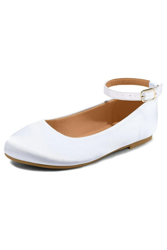 Girl's White/Satin Ballet Flat Ankle Strap Ballerina Flat Shoes Size 2