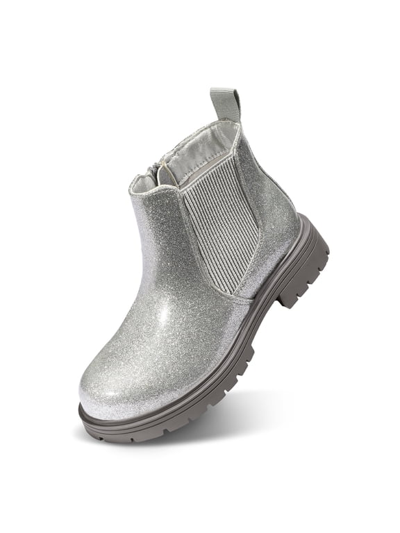 Girls Glitter Chelsea Boots Gray Ankle Booties With Zipper 1M