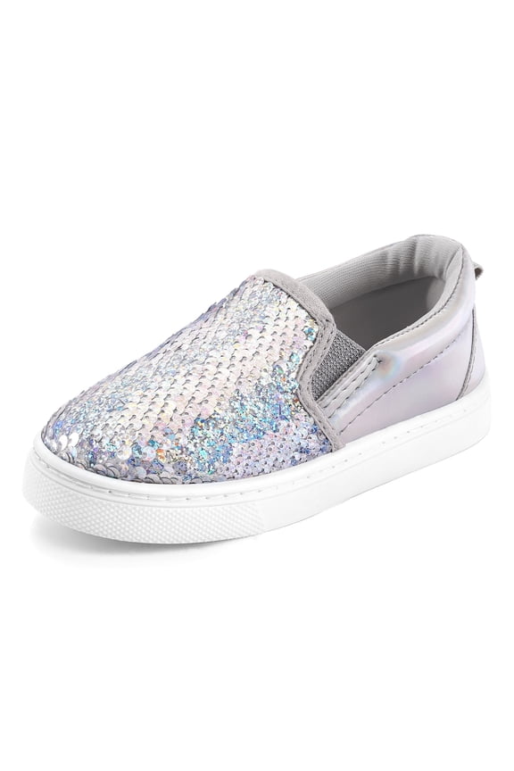 Kid's Slip on Sneakers Sliver Sequins Girls Canvas Walking Shoes Size 13