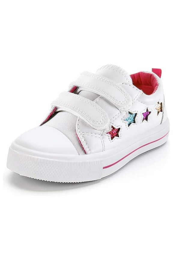 Kid's Walking Sneakers White Stars Girls Canvas Shoes Size 8