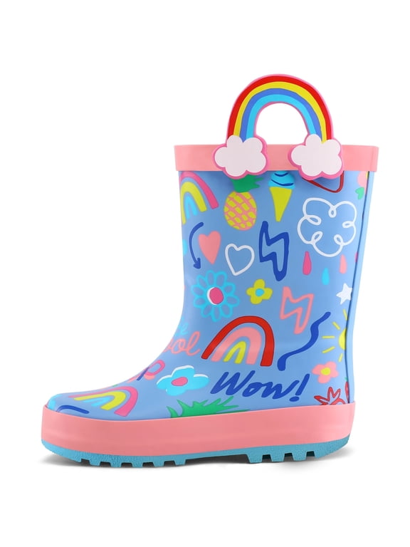 Kids Rain Boots Blue Rainbow Rain Boots For Girls with Handles 11M