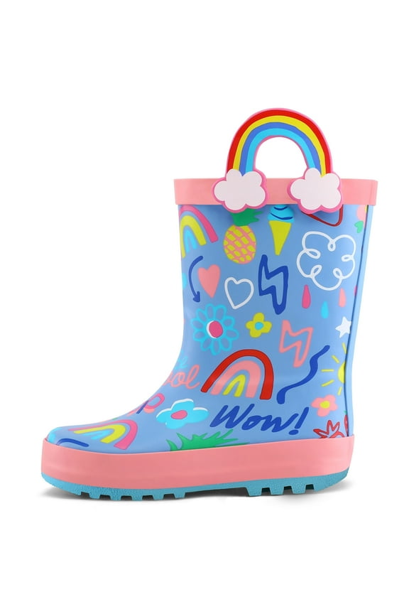 Kids Rain Boots Blue Rainbow Rain Boots For Girls with Handles 13M