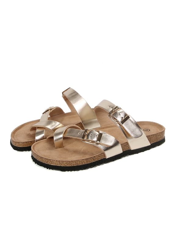 Women Adjustable Slide Sandals Gold Summer Flip-Flops Ring Open Toe 8M