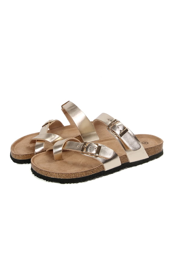 Women Adjustable Slide Sandals Gold Summer Flip-Flops Ring Open Toe 8M