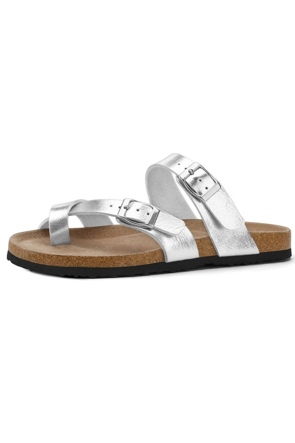 Women Adjustable Slide Sandals Silver Summer Flip-Flops Ring Open Toe 9M