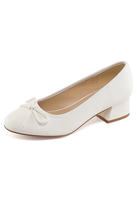 Women's Block Heel Pumps Cream PU Bow Tie Ballet Shoes Sizes 10