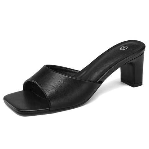 Women's Block Heel Square Toe Sandals Black Backless Slip On Mules 8M
