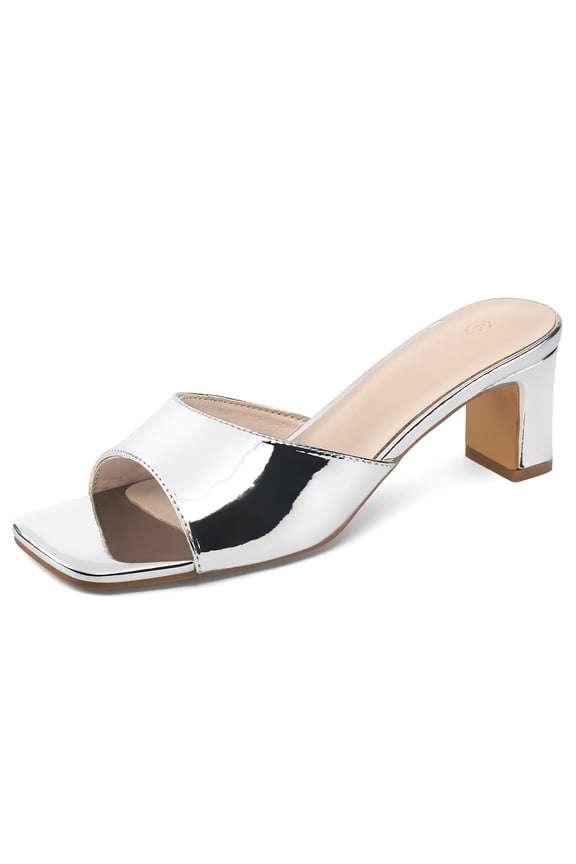 Women's Block Heel Square Toe Sandals Silver Backless Slip On Mules 11M