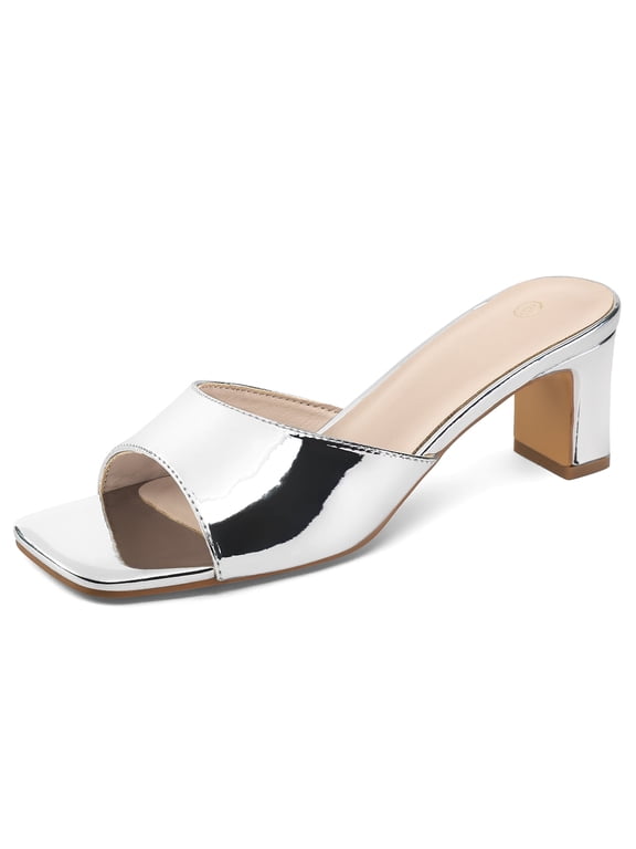Women's Block Heel Square Toe Sandals Silver Backless Slip On Mules 9M