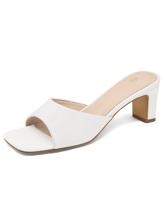Women's Block Heel Square Toe Sandals White Backless Slip On Mules 8M