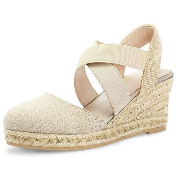 Bocca Women's Crisscross Elastic Wedge Sandals Beige Ankle Strap Platform Espadrille 7M