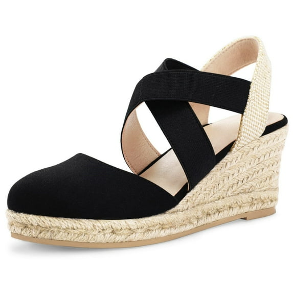 Bocca Women's Crisscross Elastic Wedge Sandals Black Ankle Strap Platform Espadrille 7M