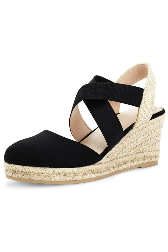 Women's Crisscross Elastic Wedge Sandals Black Ankle Strap Platform Espadrille 8M