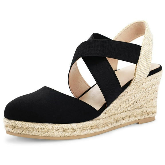 Bocca Women's Crisscross Elastic Wedge Sandals Black Ankle Strap Platform Espadrille 8M