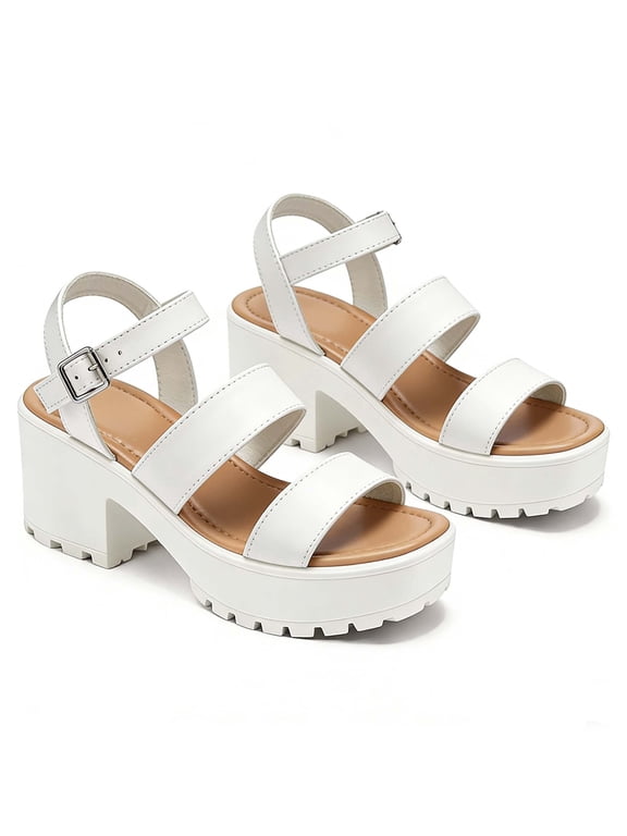 Women's Sandals Adjustable Straps Platform Slingback, 3Inch Mid Heel Thick Open Toe, White, 7M