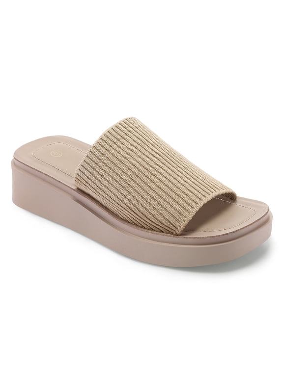 women Knit Platform Sandals Tan Open Toe 1.8 inch Slide Sandals 9M