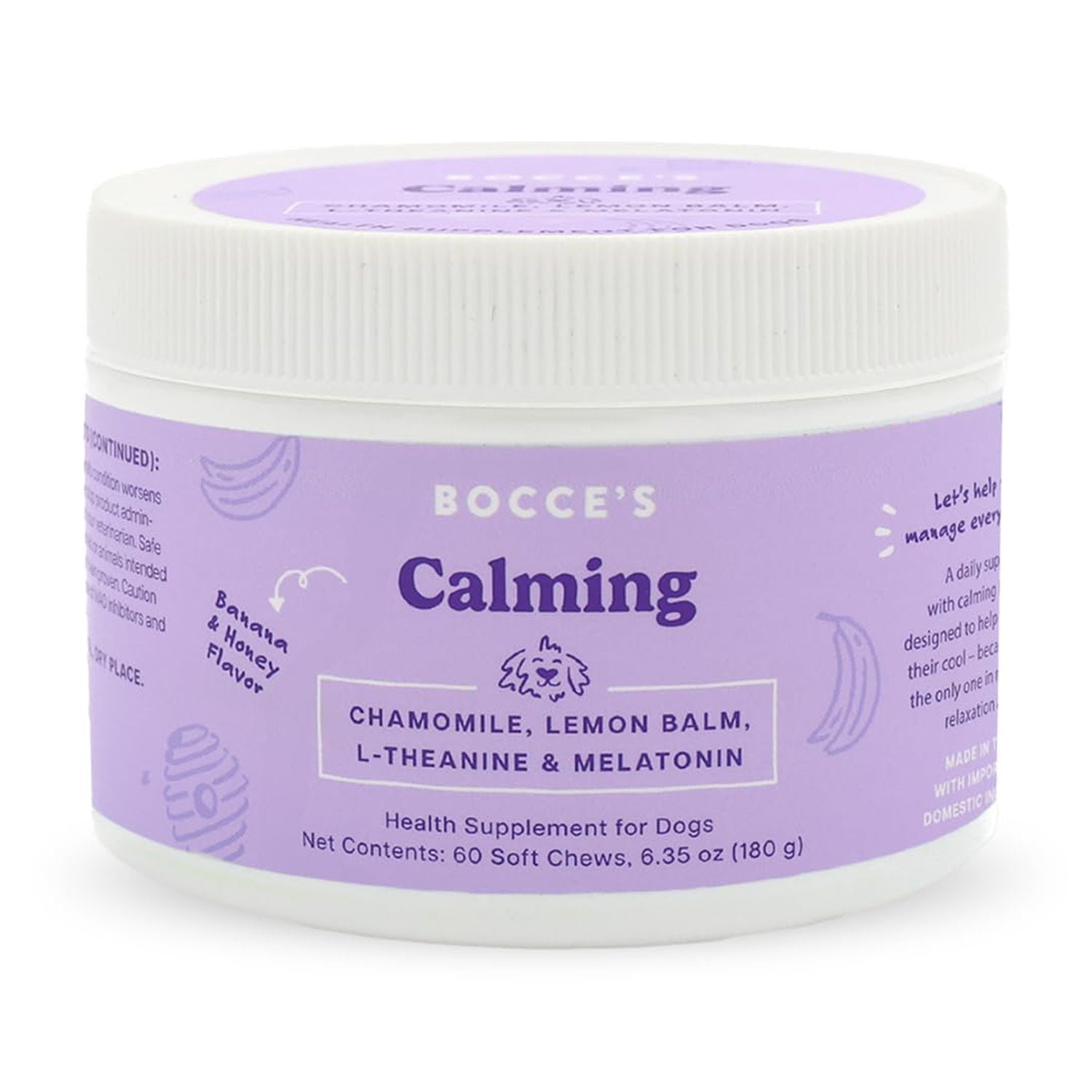 Bocce's Bakery Calming Supplement for Dogs, Daily Chews Made in The USA with Chamomile, Lemon Balm, L-Theanine & Melatonin, Supports Stress, Peanut Butter & Honey, 60 ct