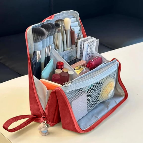 Qholemyo Doresty Standing Up Makeup Bag Multi-Purpose Large Capacity Cloth Standing Makeup Bag Portable Waterproof Toiletry Bag With Compartments