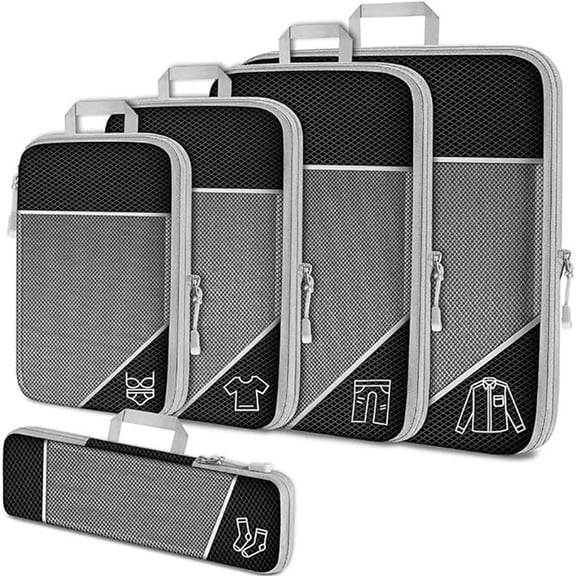 Qholemyo Packing Cubes Set Of 5 Compression Suitcase Luggage Organizer Bags For Travel Accessories