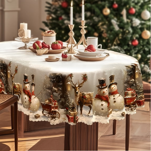 Bodaon,Oval 60*84in,100% Polyester,red and gold,Christmas Tablecloth Vintage Snowman Reindeer Christmas Tree Red Holiday Pattern Polyester Tablecloth Durable Polyester