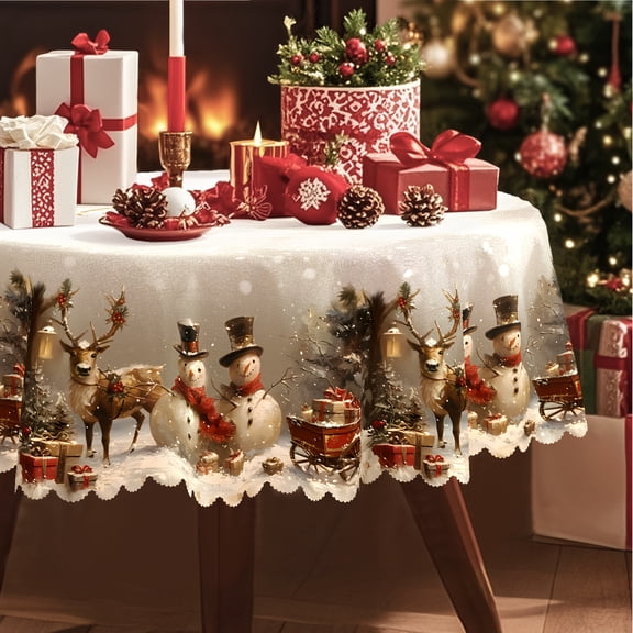 Bodaon,Round 60*60 inches,100% Polyester,red and gold,Christmas Tablecloth Vintage Snowman Reindeer Christmas Tree Red Holiday Polyester Table Polyester Tablecloths
