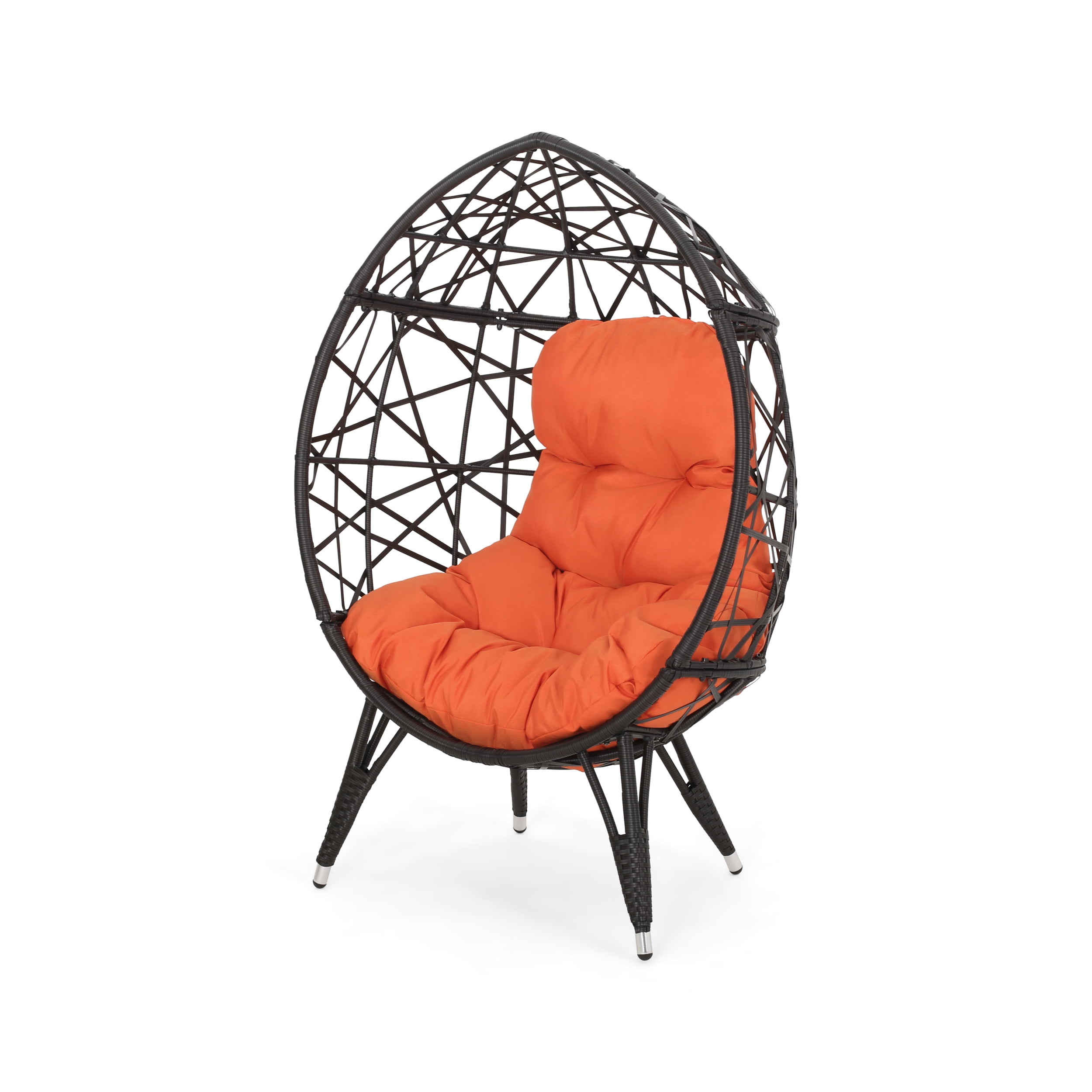 Bodee Brown and Orange Wicker Teardrop Chair with Cushions