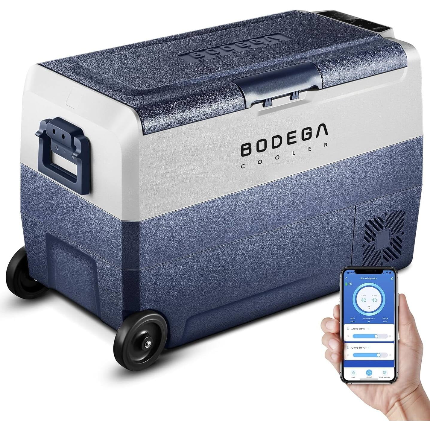 Bodega 53 Quart Dual Zone Blue and White Car Refrigerator