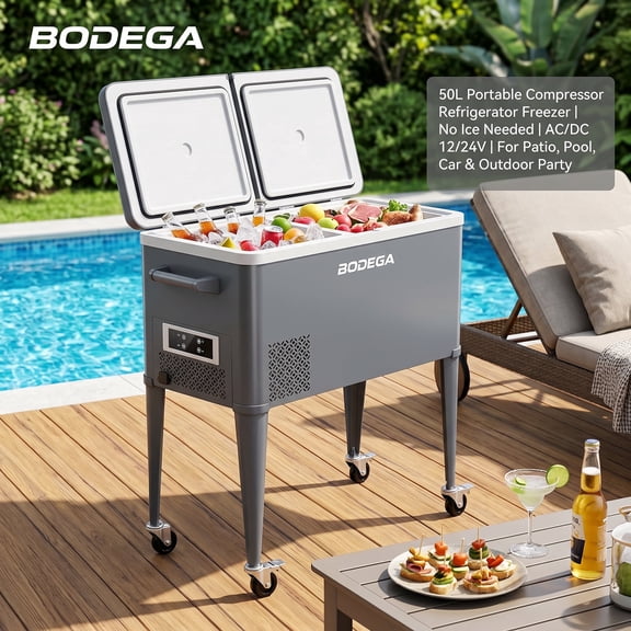 Bodega 50L 1.8 Cu.Ft Portable 12v Outdoor Refrigerator Freezer No Ice Needed Rolling Wheeled Beverage Cooler for Patio, Porch,Party, Gathering