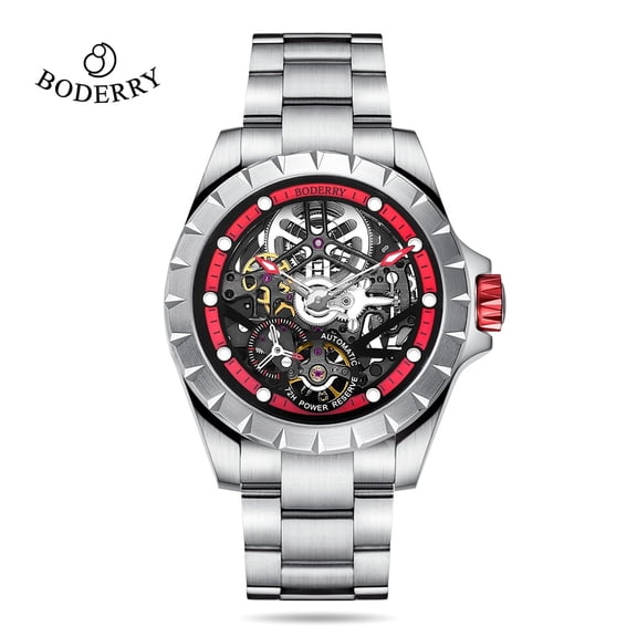 Boderry WINDMILL Original Skeleton Hi-beat(28,800 bph) with 72 hrs Power-reserve Automatic Watch Black Dial Stainless Steel Bracelet