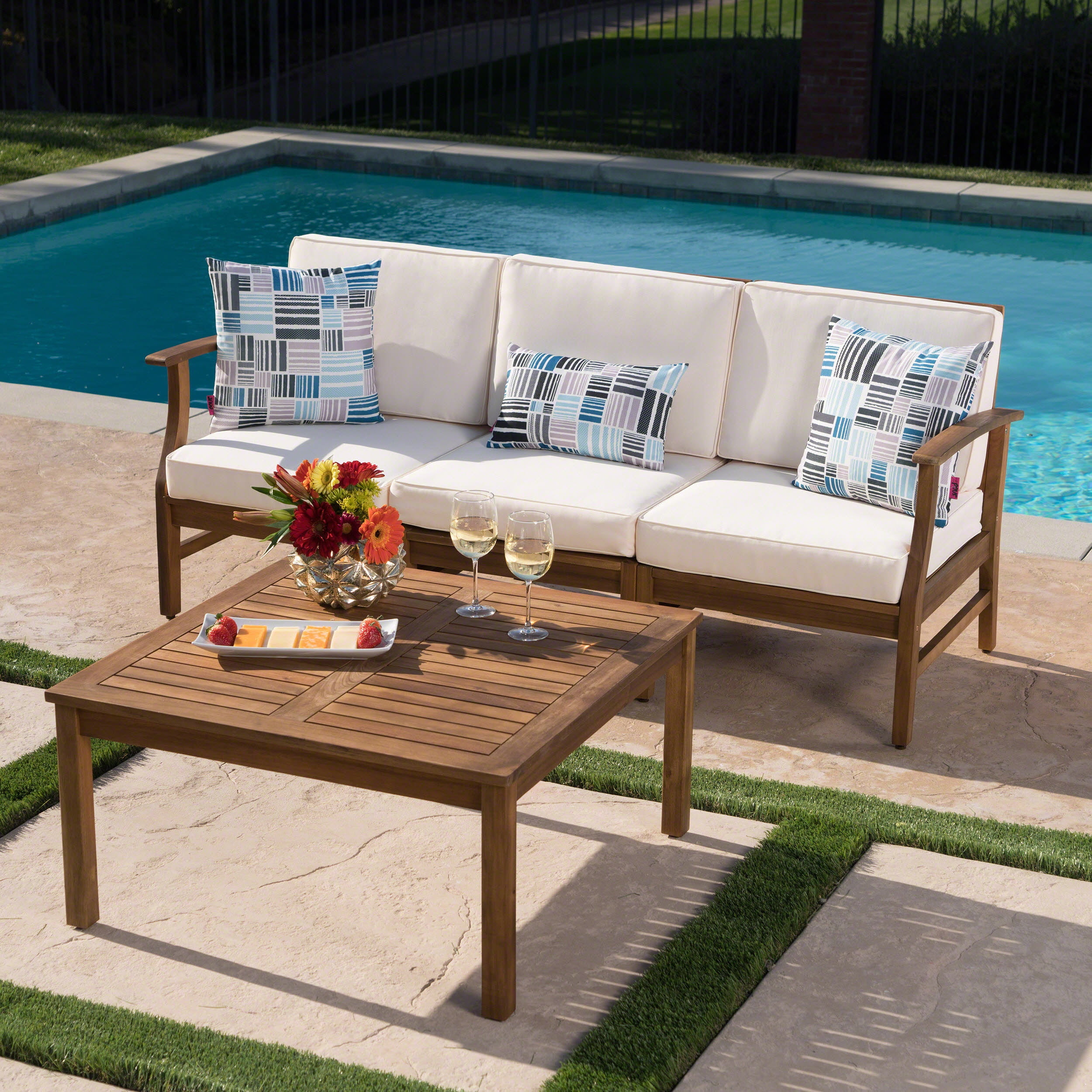 Bodhi Outdoor 3 Seater Acacia Wood Sofa and Table Set with Cushions ...