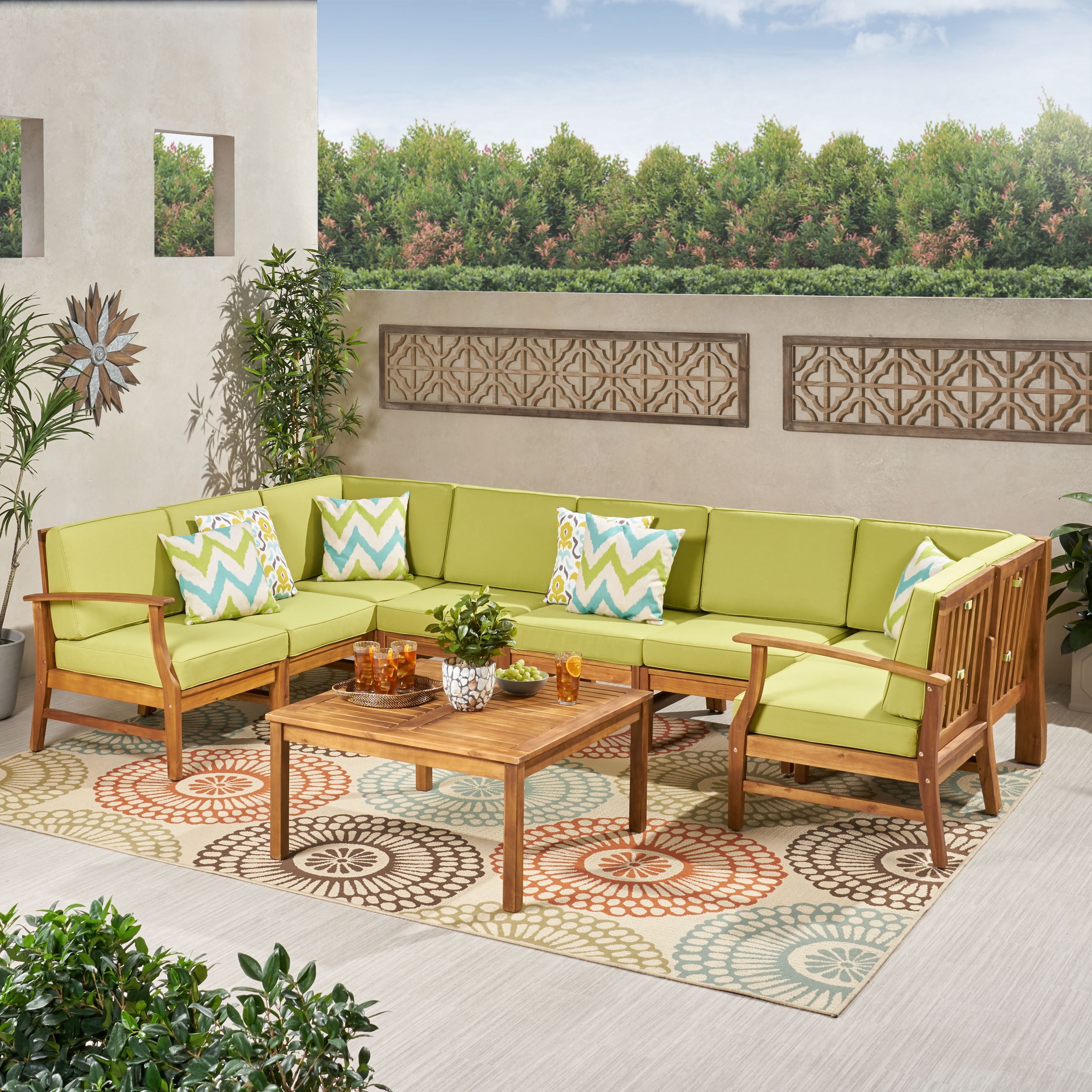 Bodhi Outdoor 8 Seater Acacia Wood Sectional Sofa and Table Set with Cushions, Teak, Green