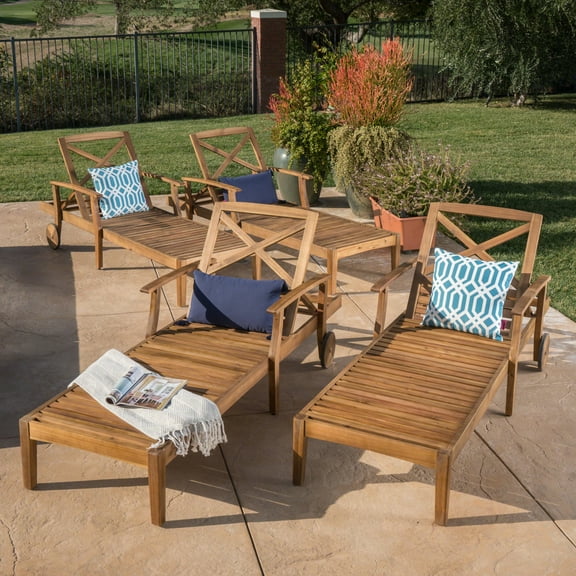 Bodhi Outdoor Acacia Wood Chaise Lounge, Set of 4, Teak