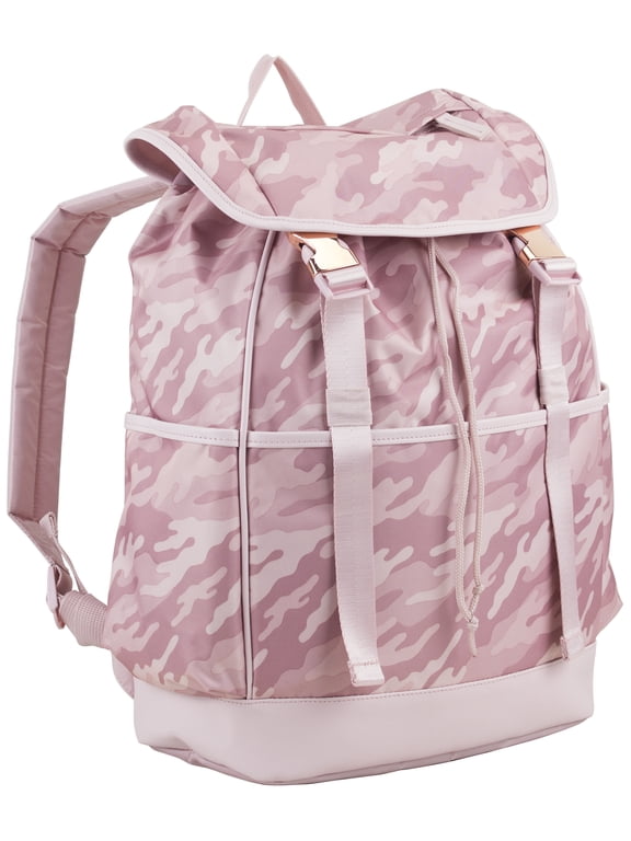 Unisex Drawstring Backpack with Dual Buckles, Pink Camoflauge