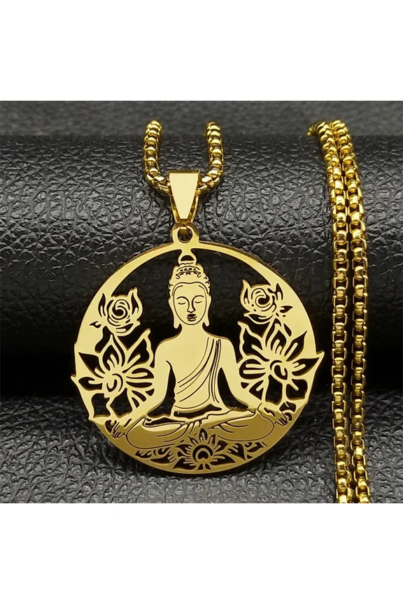 Bodhisattva Buddha Meditation Chakra Necklace for Men Women 14K Yellow Gold Golden Color Lotus Flower Mandala Chain Jewelry