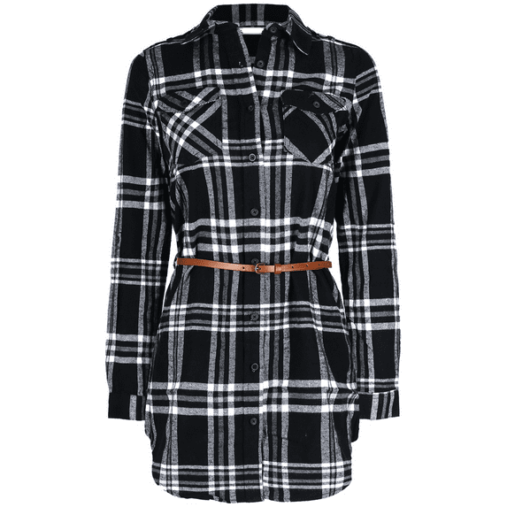 BodiLover, Women's, 3/4 Sleeve Belted Plaid Flannel Shirt Dress, Black White, L
