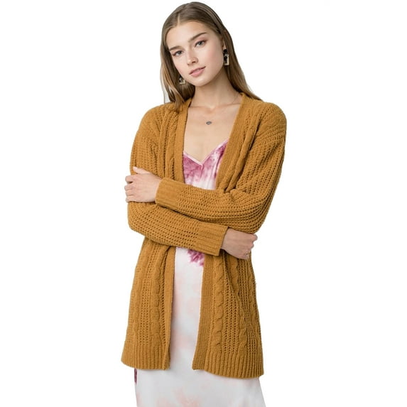 BodiLover Women's Chunky Cable Knit Open Front Sweater Cardigan Camel L