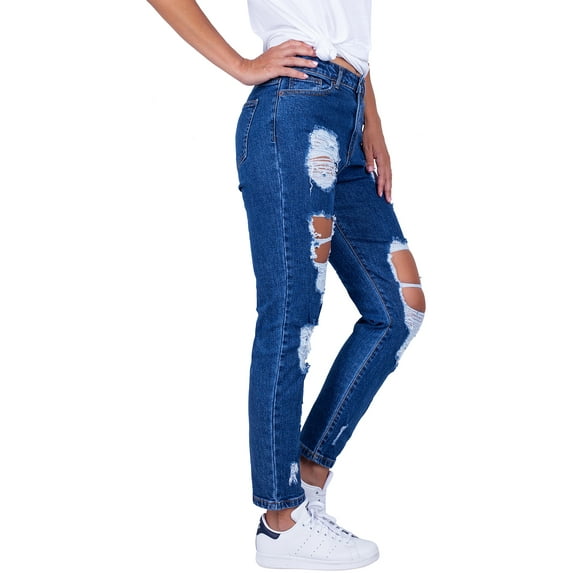 BodiLover, Women's, High Waist Ripped Five Pockets Boyfriend Mom Slim Fit Denim Jeans, Blue, 1