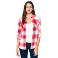 thumbnail image 1 of BodiLover, Women's, Long Sleeves Roll Up Button Up Plaid Shirt with 2 Breast Pockets, Red White, XL, 1 of 1