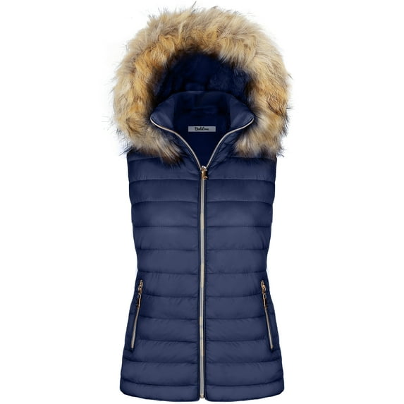 BodiLover, Women's, Quilted Faux Fur Hooded Vest Padded Fleece Jacket With Zip Closure, Navy, L