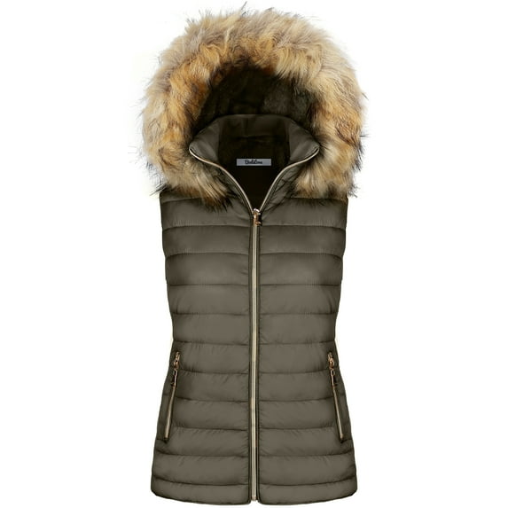 BodiLover, Women's, Quilted Faux Fur Hooded Vest Padded Fleece Jacket With Zip Closure, Olive, XL
