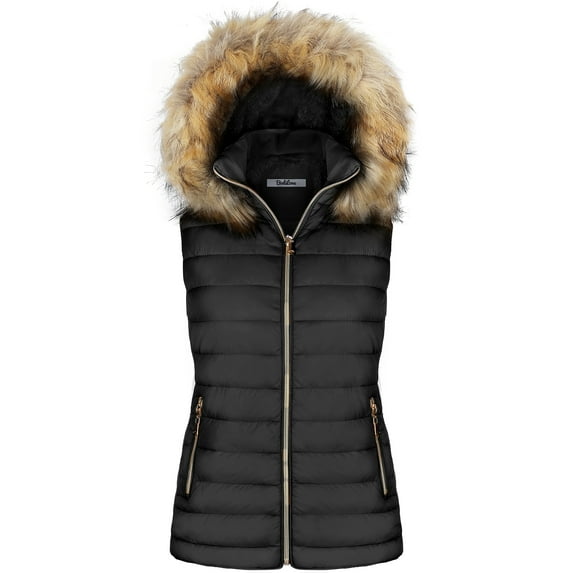 BodiLover, Women's, Quilted Faux Fur Hooded Vest Padded Fleece With Zip Closure, Black, 1XL
