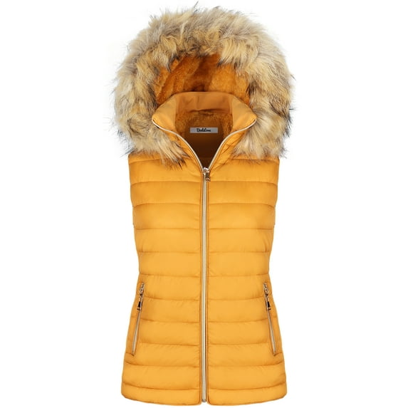 BodiLover Women's Quilted Faux Fur Hooded Vest Padded Fleece With Zip Closure Mustard 3XL