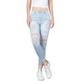 thumbnail image 1 of BodiLover, Women's, Ripped Ankle Length Mid Rise 5 Pockets Comfy Skinny Cropped Jeans, Light Blue, 13, 1 of 3