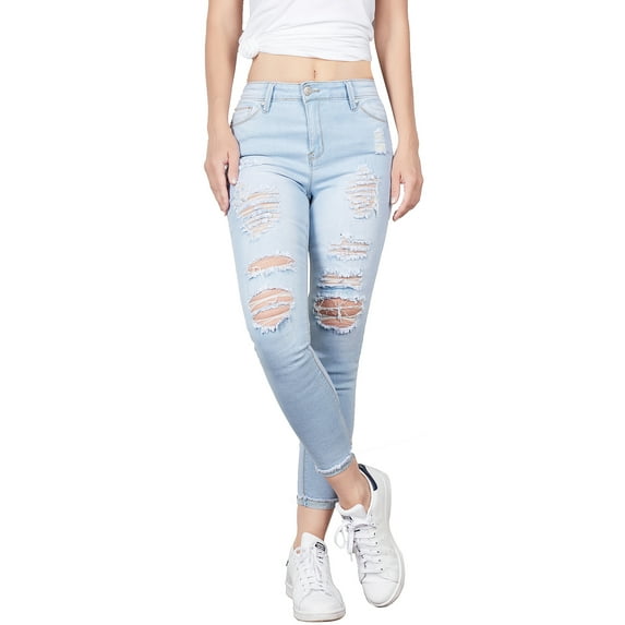 BodiLover, Women's, Ripped Ankle Length Mid Rise 5 Pockets Comfy Skinny Cropped Jeans, Light Blue, 3