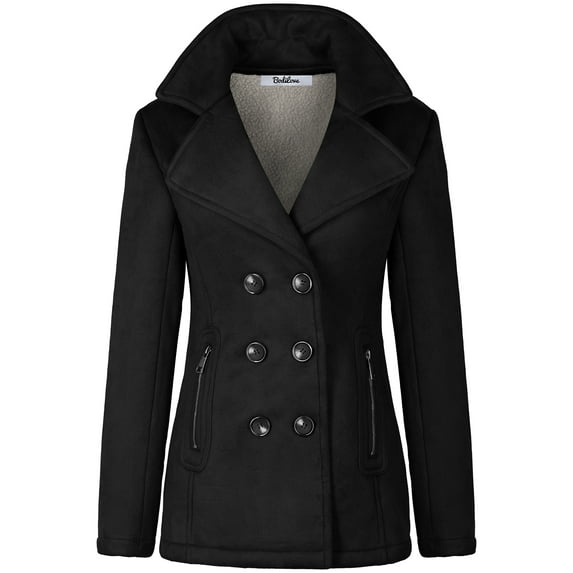 BodiLover, Women's, Soft Faux Suede Warm Pea Coat w/ Sherpa Lining, Black, M